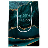 誕生日, ティール, ゴールド & ブラック アゲート, 白い名前 ミディアムペーパーバッグ (裏面)