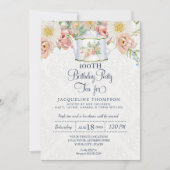 誕生日 ティー ダスティ ピンク エレガント フラワリー アート ティーポット 招待状 (正面)