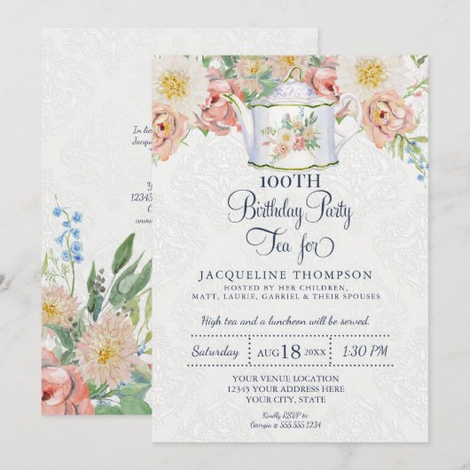 誕生日 ティー ダスティ ピンク エレガント フラワリー アート ティーポット 招待状 (正面/裏面)