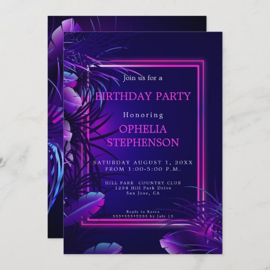 誕生日 |トロピカルはっきりしたネオン誕生日 招待状 (正面/裏面)