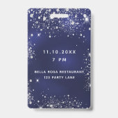 誕生日 ネイビーブルー シルバーグリッター VIP 招待状 バッジ (裏面)