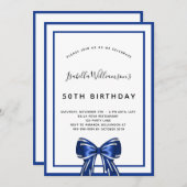 誕生日 ネイビーブルー 白 エレガントな リボン スクリプト 招待状 (正面/裏面)