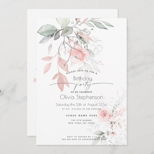 誕生日 |ピンクかわいらしコテージバラ 招待状 (正面/裏面)