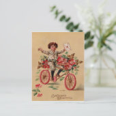 誕生日+ピンクの花の自転車の少年メール ポストカード (スタンド正面)