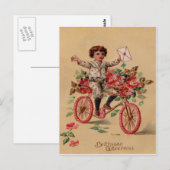 誕生日+ピンクの花の自転車の少年メール ポストカード (正面/裏面)