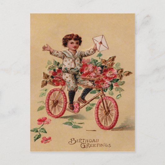 誕生日+ピンクの花の自転車の少年メール ポストカード (正面)
