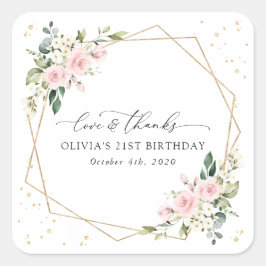 誕生日+ピンクの花+ホワイトフラワー+グリーン スクエアシール