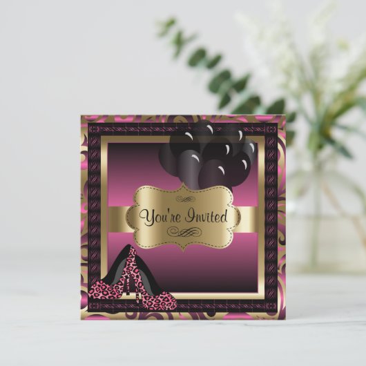 誕生日|ピンクレオパードハイヒール招待状 招待状 (スタンド正面)
