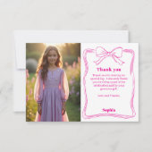 誕生日 ピンク フォト ガール リボン 白 サンキューカード (正面)