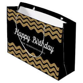 誕生日 フェイクゴールドラメ 黒 ストライプ ラージペーパーバッグ