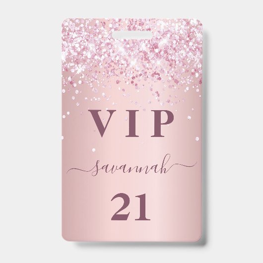 誕生日 ブッシュピンク グリッター ダスト 名前 VIP バッジ (正面)