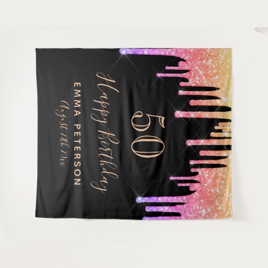 誕生日 ブラック ピンク ゴールド グリッター ドリップス タペストリー (正面(横))