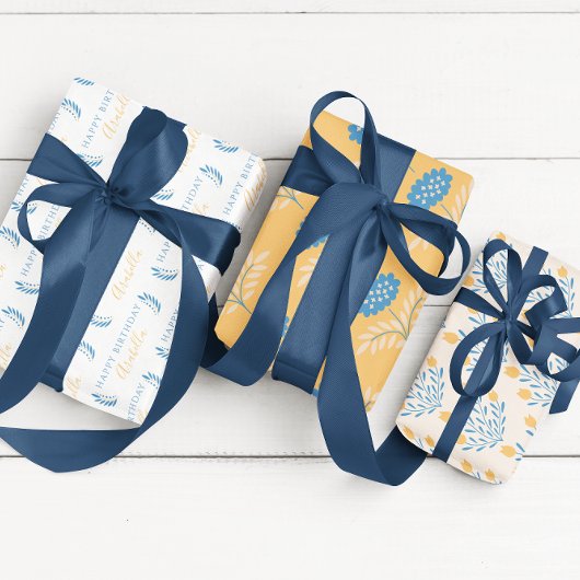 誕生日 ブルーとオレンジの花柄ラッピングシート ラッピングペーパーシート