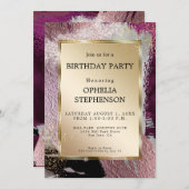 誕生日 |メタリックフェイク金ゴールドプラムのメルローストローク 招待状 (正面/裏面)