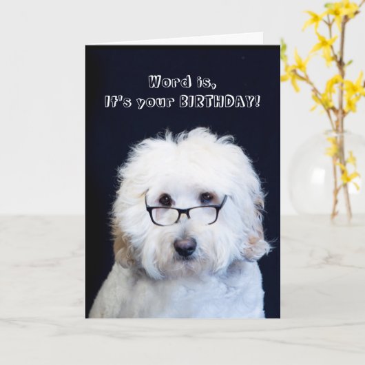 誕生日 – ユーモア(犬用/黒縁眼鏡付) カード (黄色い花)