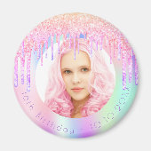 誕生日 レインボー グリッター ドリップ オーダーメイド フォト ピンク マグネット (正面)