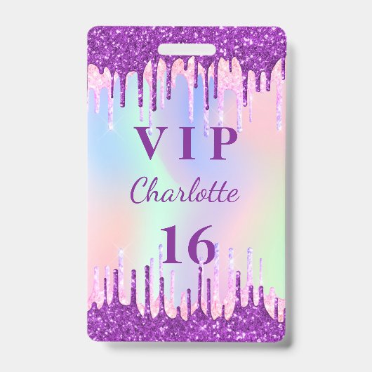 誕生日 レインボー グリッター パープル VIP 招待状 バッジ (正面)