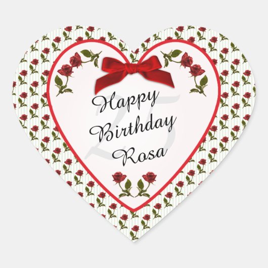 誕生日 – レッドローゼス花の写真 ハートシール (正面)
