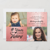 誕生日 ローズゴールド グリッター メタリック 2枚の写真 招待状 (正面)