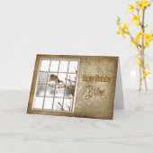 誕生日 – 兄弟 – ヴィンテージウィンドウ – 鳥 カード (黄色い花)