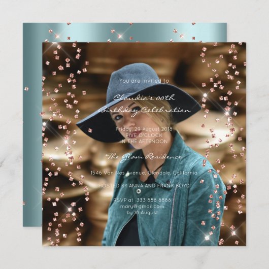 誕生日 卒業式 きらきら フォト コンフェッティ ローズ ブルー 招待状 (正面/裏面)