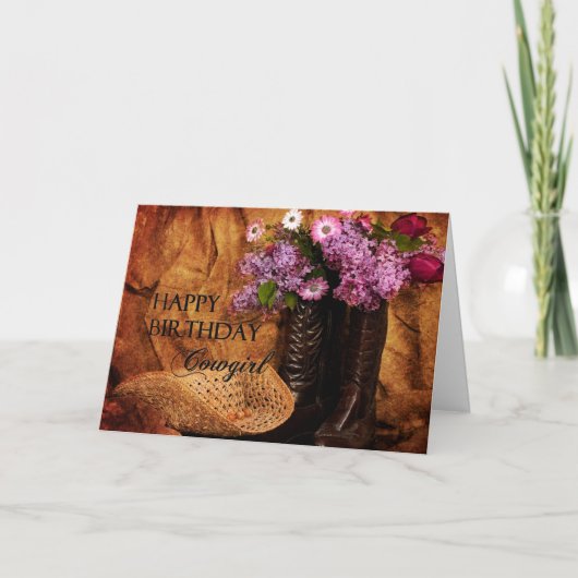 誕生日-女性のカーボーイ – ブーツと花 カード (正面)