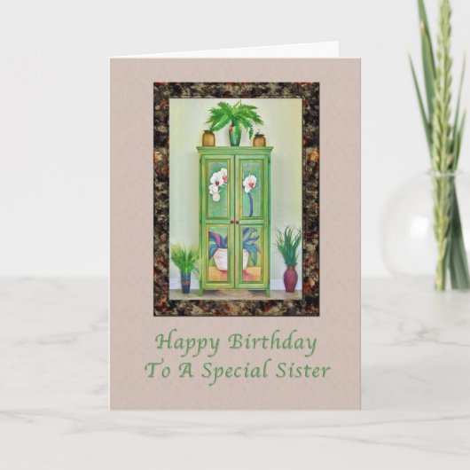 誕生日,姉妹,アンティーク内閣で静物 カード (正面)