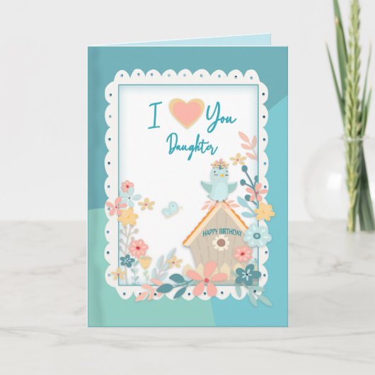 誕生日、娘、水彩鳥と花 カード (正面)