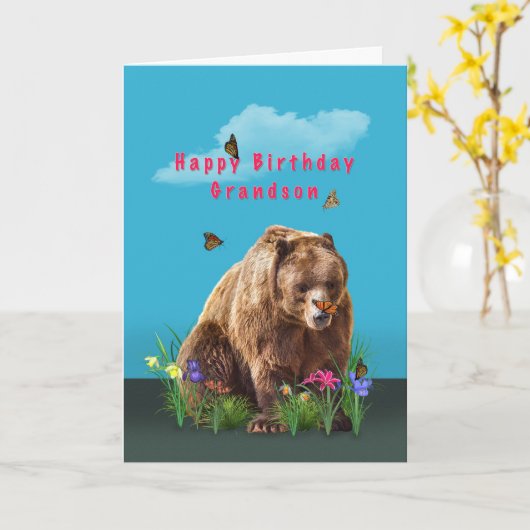 誕生日、孫、熊、蝶 カード (黄色い花)