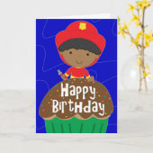 誕生日:小さな消防士(カップケーキ) カード (黄色い花)