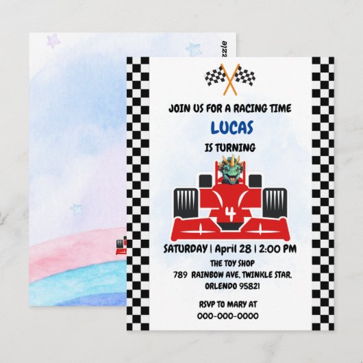 誕生日 恐竜 レースカー 男の子 赤 レース キッズ 名 ポストカード (正面/裏面)