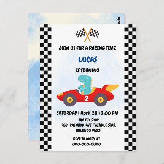 誕生日 恐竜 レースカー 男の子 赤 レース キッズ 名 ポストカード (正面/裏面)