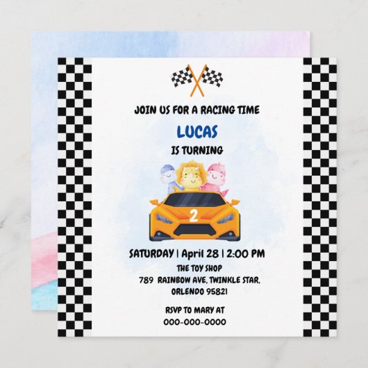 誕生日 恐竜 レースカー 男の子 赤 レース 子供 名前 サンキューカード (正面/裏面)