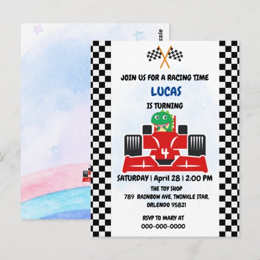 誕生日 恐竜 レースカー 男の子 赤 レース 子供 名前 ポストカード (正面/裏面)