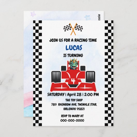 誕生日 恐竜 レースカー 男の子 赤 レース 子供 名前 ポストカード (正面/裏面)