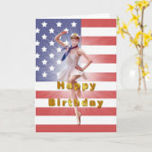 誕生日、愛国心が強いバレリーナおよび米国の旗 カード (黄色い花)