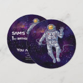 誕生日。星と銀河と宇宙飛行士。 招待状 (正面/裏面)