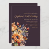 誕生日 – 水彩秋花 – 紫 –  招待状 (正面/裏面)