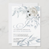 誕生日 水彩 パステル ダスティーブルー 花 招待状 (正面)