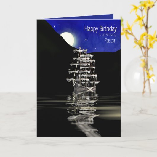 誕生日、牧師、船と帆、夜 カード (黄色い花)