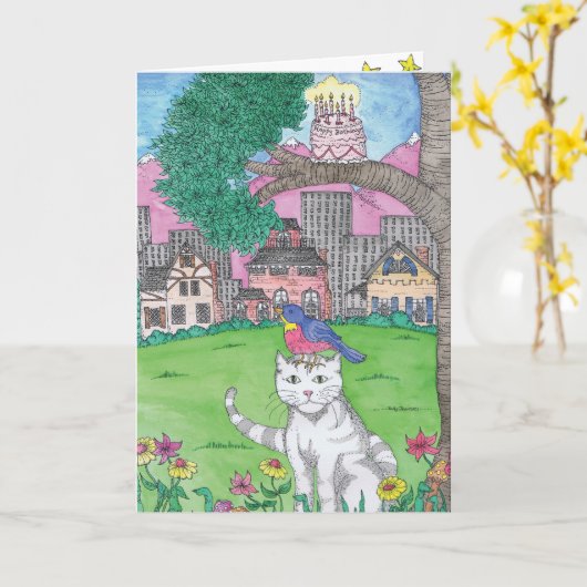 誕生日 – 猫 カード (黄色い花)