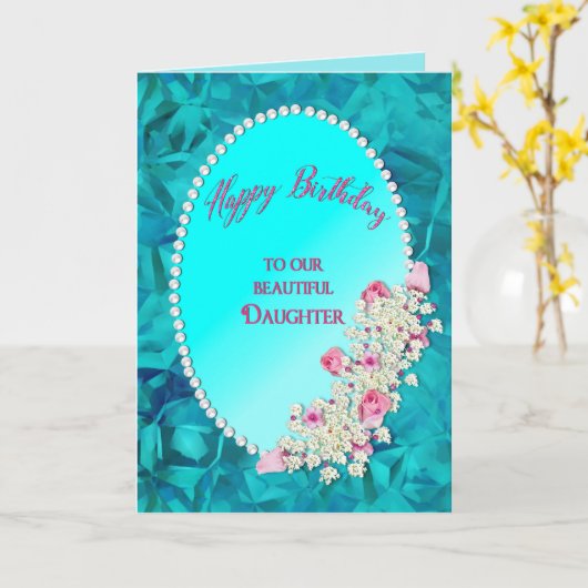 誕生日-私達の娘-花とのビーズの楕円形 カード (黄色い花)