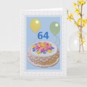 誕生日、第64、ケーキおよび気球 カード (黄色い花)