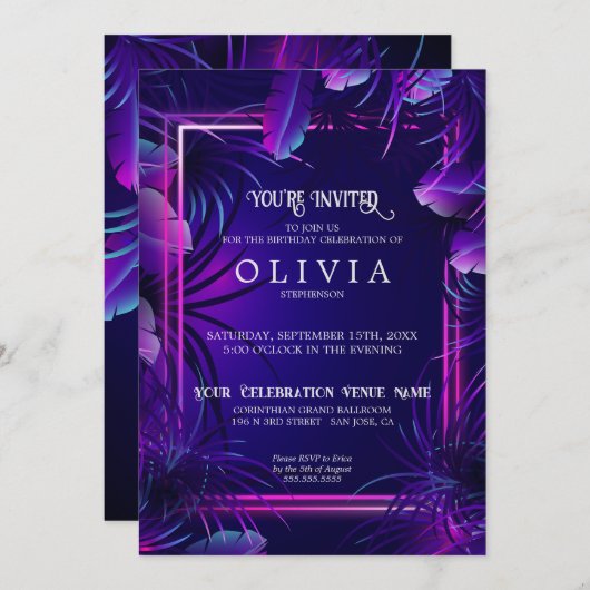 誕生日 |紫のネオンの熱帯紅葉 招待状 (正面/裏面)