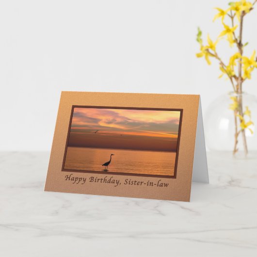 誕生日、義理の妹、夕日の海ビュー カード (黄色い花)