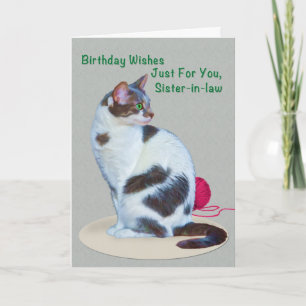 誕生日、義理の姉妹、緑色の目の猫カード カード