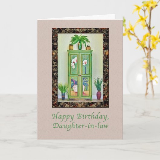 誕生日、義理の娘、キャビネットとの静物関係 カード (黄色い花)