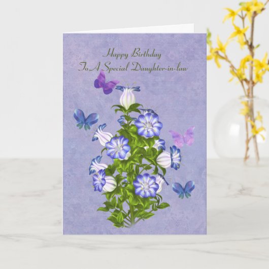 誕生日、義理の娘、蝶および花 カード (黄色い花)