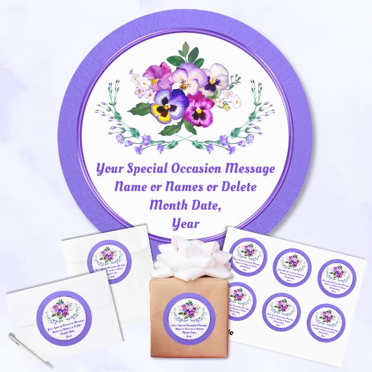 誕生日、記念日、結婚式のためのパンジーシール ラウンドシール