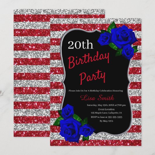 誕生日 赤 銀のストライプ グリッター 深い青のバラ 招待状 (正面/裏面)